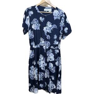 Liz Claiborne Sportdress Vintage 80s 90s Dark Blue Floral Dress Women Petite 14